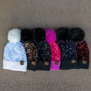 CC Sequin Fur Pom Beanie ( HTE0012 ) ( HTE0017 )