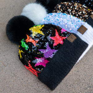 CC Sequin Fur Pom Beanie ( HTE0012 ) ( HTE0017 )