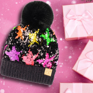 CC Neon Star Sequin Fur Pom Beanie ( HTE0017 )