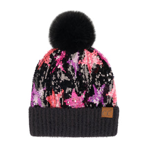 CC Neon Star Sequin Fur Pom Beanie ( HTE0017 )