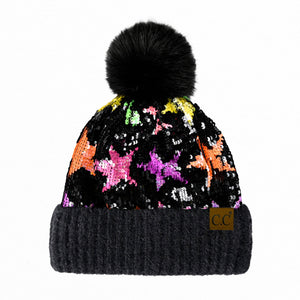 CC Neon Star Sequin Fur Pom Beanie ( HTE0017 )