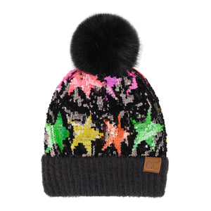 CC Neon Star Sequin Fur Pom Beanie ( HTE0017 )