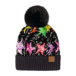 CC Neon Star Sequin Fur Pom Beanie ( HTE0017 )