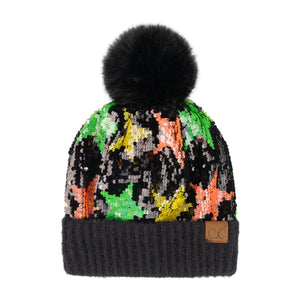 CC Neon Star Sequin Fur Pom Beanie ( HTE0017 )