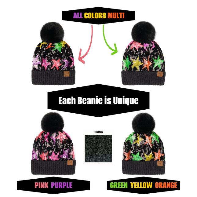 CC Kids Neon Star Sequin Fur Pom Beanie ( KD-HTE0017 ) ( HTE0017 )