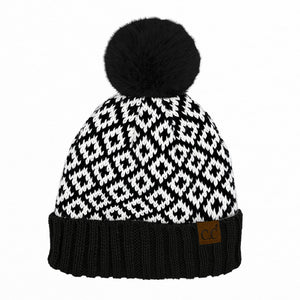 CC Diamond Pattern Fur Pom Beanie ( HTE0022 )