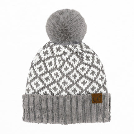 CC Diamond Pattern Fur Pom Beanie ( HTE0022 )