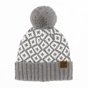 CC Diamond Pattern Fur Pom Beanie ( HTE0022 )