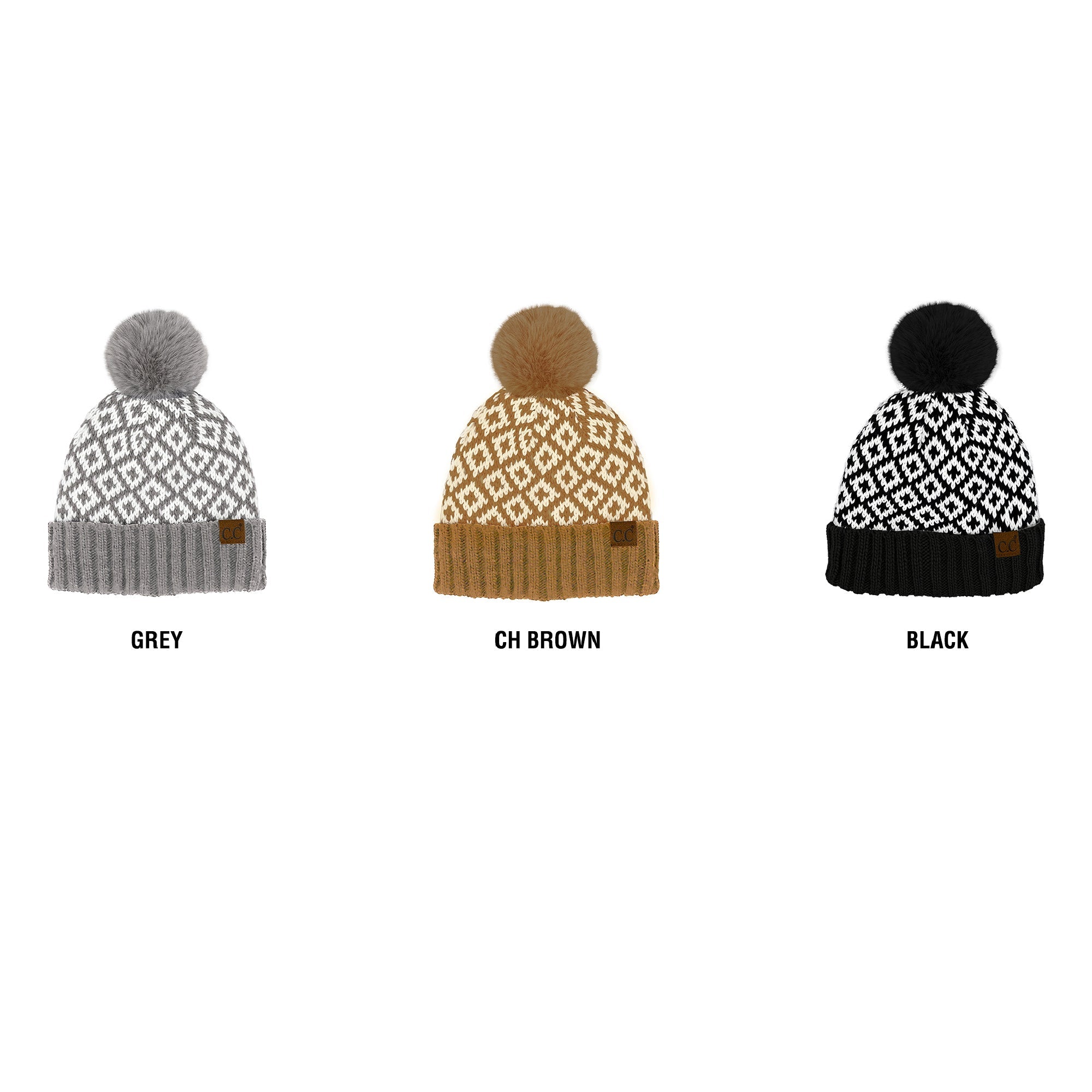 CC Diamond Pattern Fur Pom Beanie ( HTE0022 )