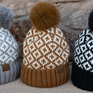 CC Diamond Pattern Fur Pom Beanie ( HTE0022 )