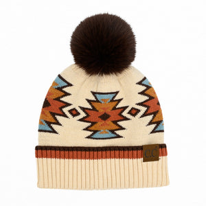 CC South Western Pattern Faux Fur Pom Beanie ( HTE0030 )