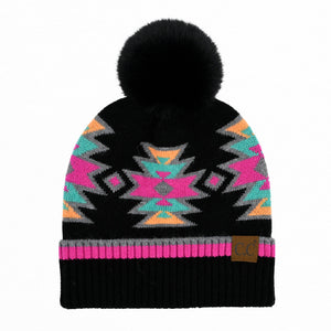 CC South Western Pattern Faux Fur Pom Beanie ( HTE0030 )