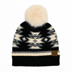 CC South Western Pattern Faux Fur Pom Beanie ( HTE0030 )