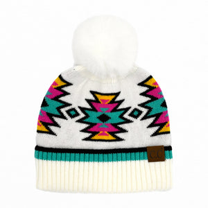 CC South Western Pattern Faux Fur Pom Beanie ( HTE0030 )