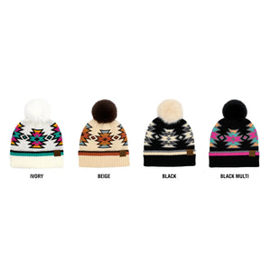 CC South Western Pattern Faux Fur Pom Beanie ( HTE0030 )