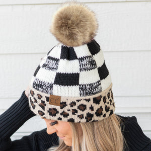 CC Cabin Cozy Leopard Plaid Beanie ( HAT-2084 )