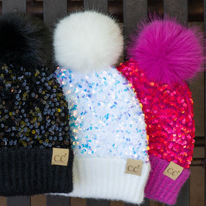 CC Sequin Fur Pom Beanie ( HTE0012 ) ( HTE0017 )