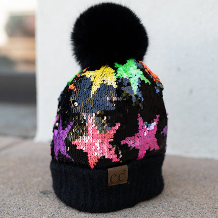 CC Kids Neon Star Sequin Fur Pom Beanie ( KD-HTE0017 ) ( HTE0017 )