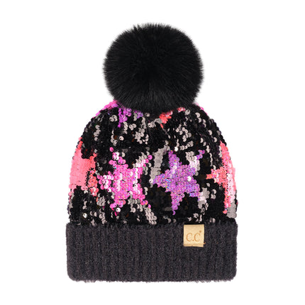 CC Kids Neon Star Sequin Fur Pom Beanie ( KD-HTE0017 ) ( HTE0017 )