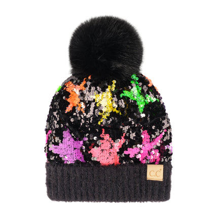 CC Kids Neon Star Sequin Fur Pom Beanie ( KD-HTE0017 ) ( HTE0017 )