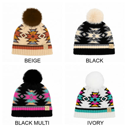 CC Kids South Western Pattern Faux Fur Pom Beanie ( KD-HTE0030 ) ( HTE0030 )