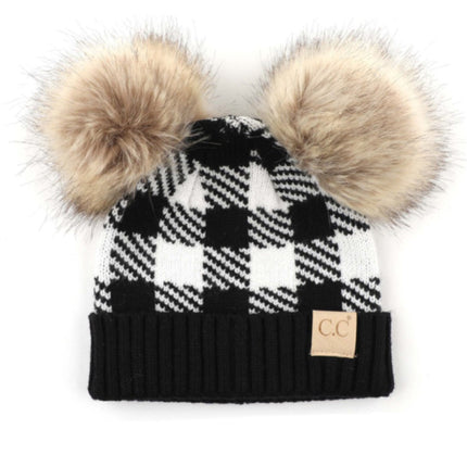 CC Kids Buffalo Plaid Double Pom Beanie ( KIDS-25-POMPOM ) ( BABY-25-POMPOM )