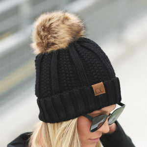 CC Bold Faux Fur Accented Beanie ( YJ-820 )