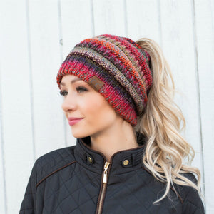 CC Bun/Pony Multi Colored Striped Beanie ( MB-705 )