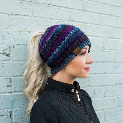 CC Bun/Pony Multi Colored Striped Beanie ( MB-705 )