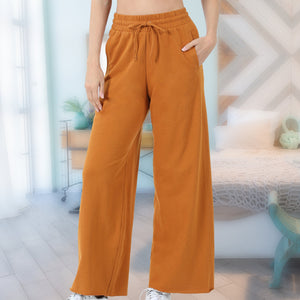 French Terry Drawstring Waist Raw Edge Hem Pants ( TP-39059 )