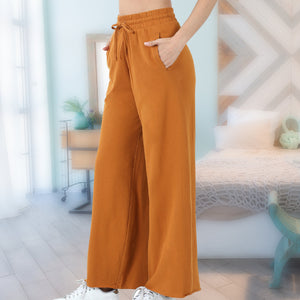 French Terry Drawstring Waist Raw Edge Hem Pants ( TP-39059 )