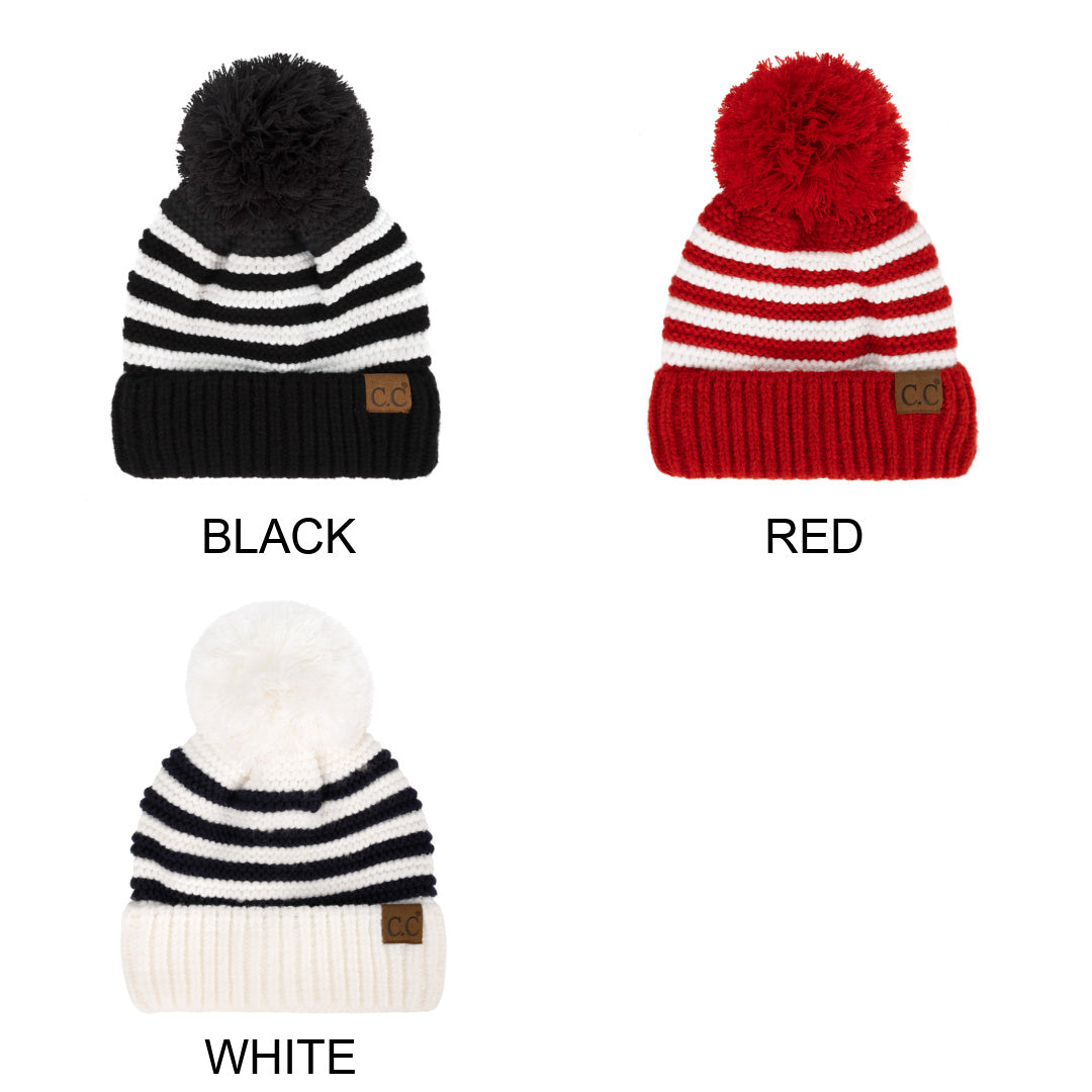 CC Chunky Knit Striped Pom Beanie ( YJ-1008 )