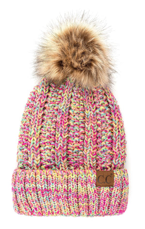 CC Multi Color Fur Pom Beanie ( YJ-820_# )